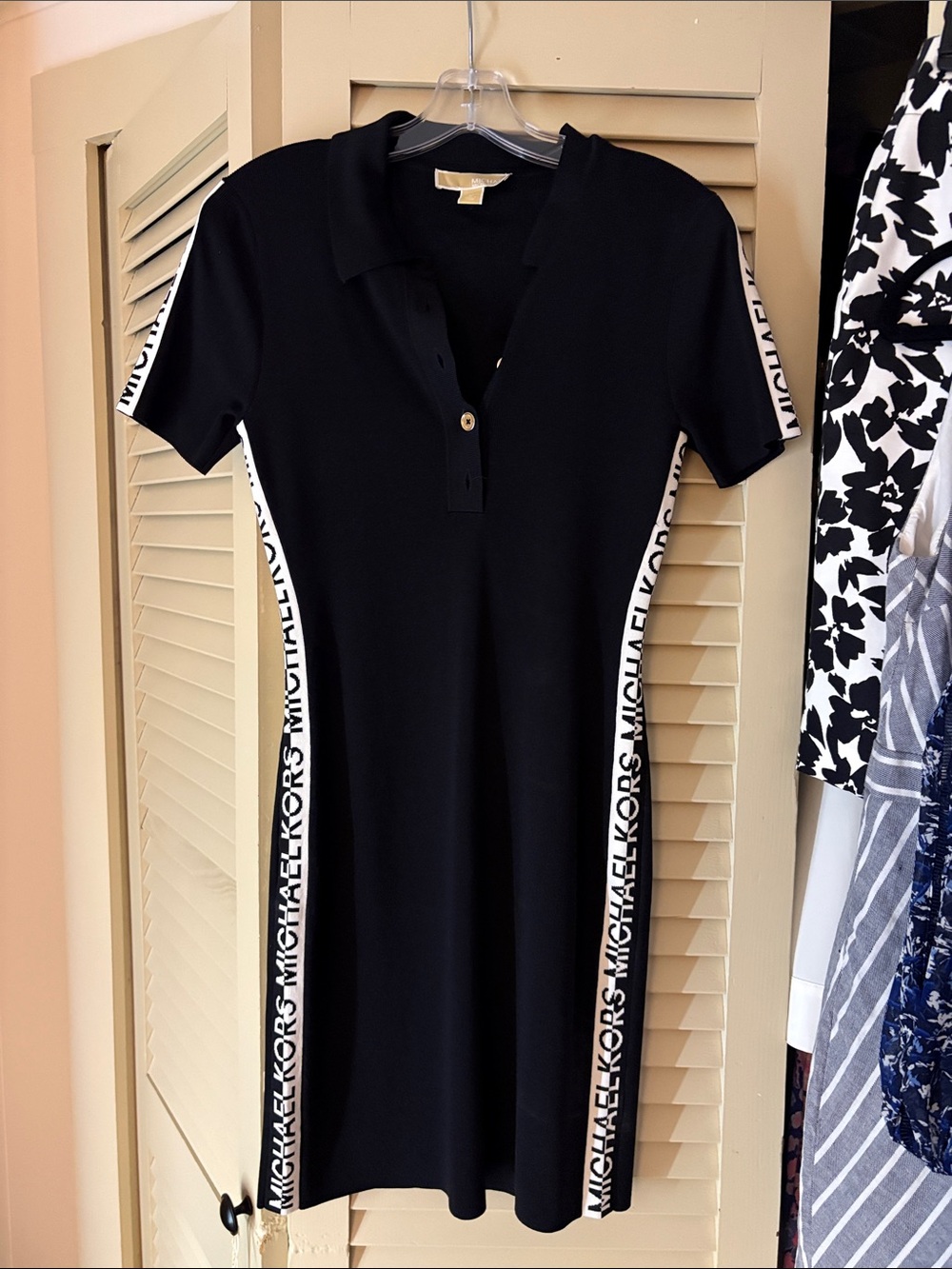 NWOT Michael Kors Black Polo Midi Dress with White Logo Side Taping